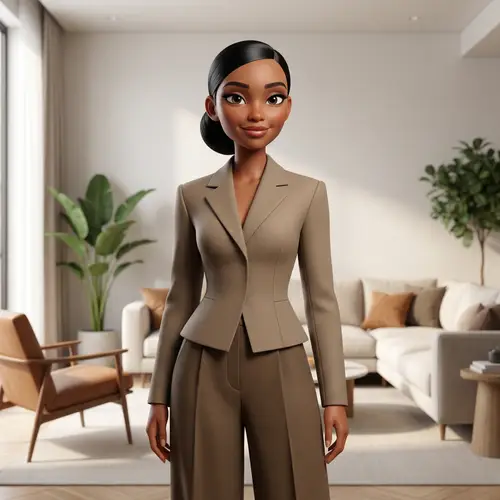 Modern 3D Render of Elegant Short Brown Lady with Long Black Hair