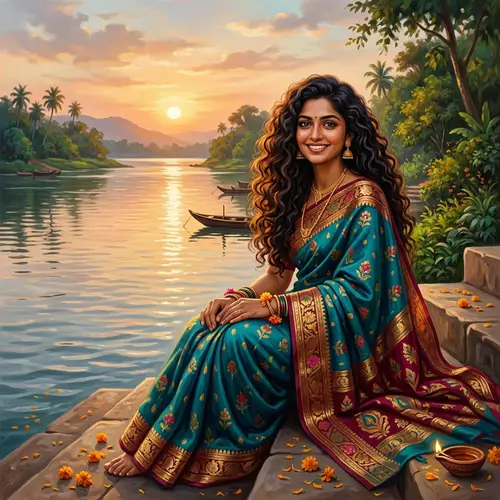 Tranquil Beauty of a South Asian Woman in Sari by Serene River