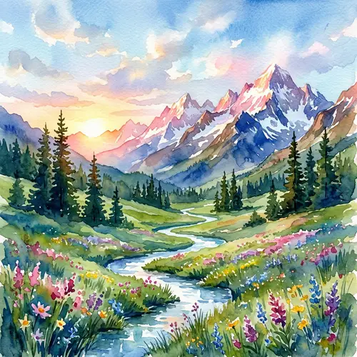 Tranquil Mountain Landscape Watercolor Painting