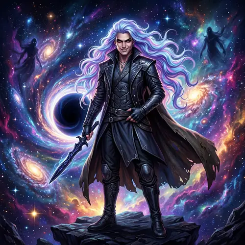 Villainous Anti-Hero with Blue & Purple Hair in Cosmic Universe