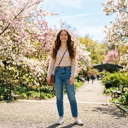 Young Caucasian Woman with Long Brown Hair in Park Setting