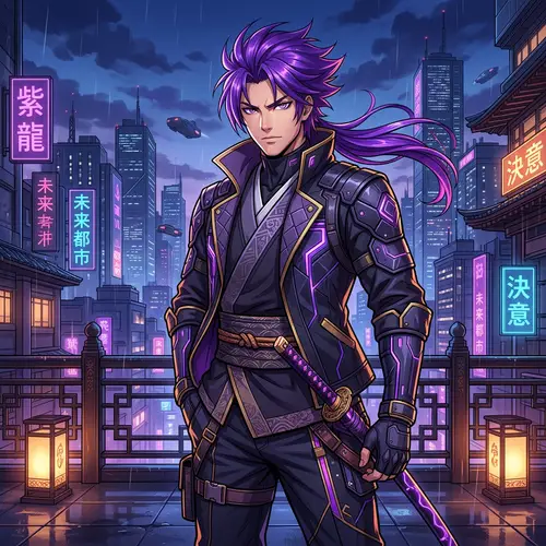 Handsome Anime Male with Purple Hair - Stylistic Illustration
