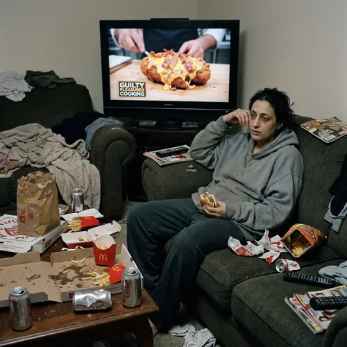 Unhealthy Middle-Eastern Individual Surrounded by Junk Food