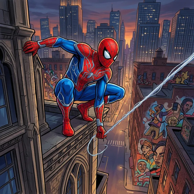 Spiderman Comic: Superhero's Twilight Vigil in Action