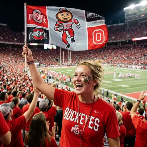 Enthusiastic Ohio State Buckeyes Fan Cheering with Brutus Flag