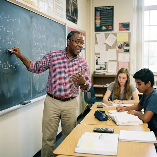 Passionate Math Teacher Explaining Algebraic Equations in Classroom