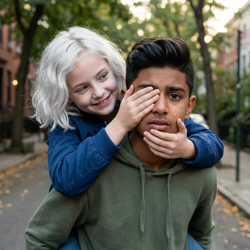 Dramatic Encounter: South Asian Boy with White-Haired Caucasian Girl Dramatic Encounter: South Asian Boy with White-Haired Caucasian Girl