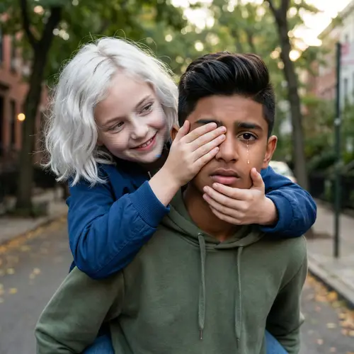 Emotive Encounter: South Asian Boy with White-Haired Caucasian Girl