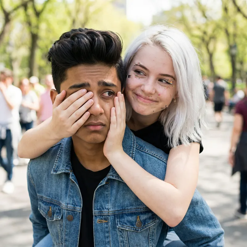 Dramatic Encounter: South Asian Boy with White-Haired Caucasian Girl