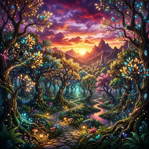 Mystical Forest Scene at Sunset: Vibrant Colors & Dreamlike Atmosphere