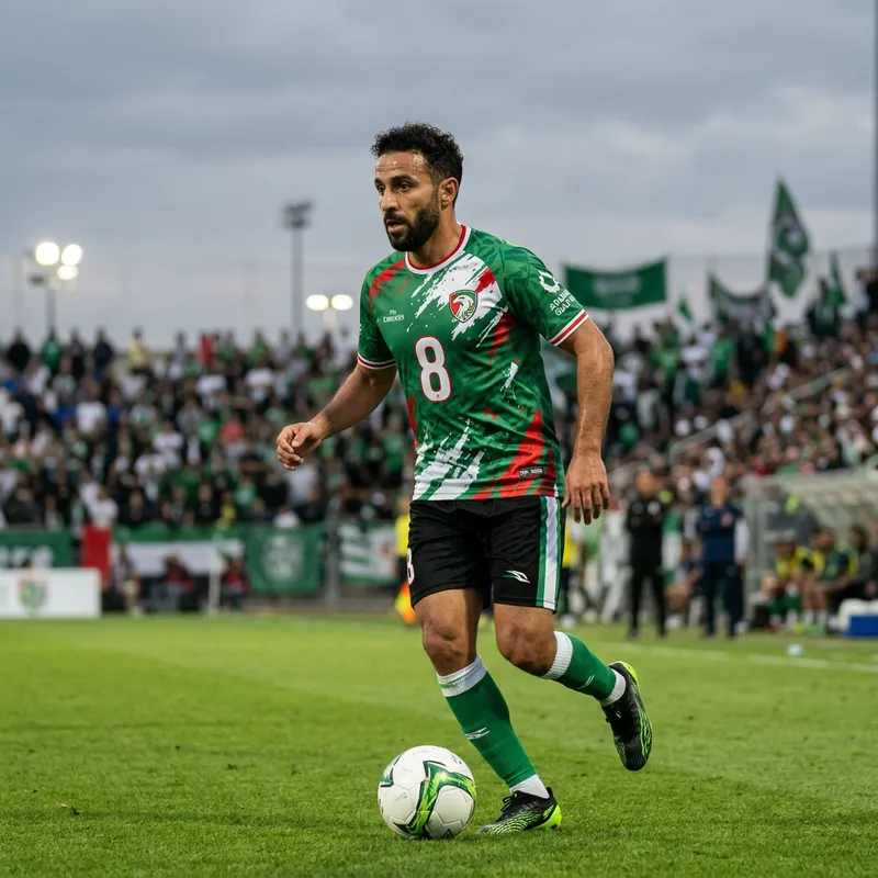 Highly Skilled Middle-Eastern Football Player in White, Green & Red Jersey