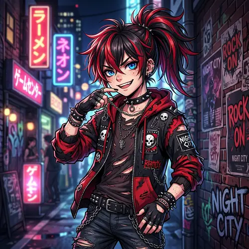 Anime-Style Boy Character with Black and Red Hair in Ponytail