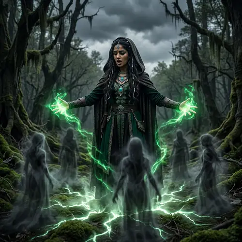South Asian Female Witch Summoning Undead Creatures in Mystical Forest