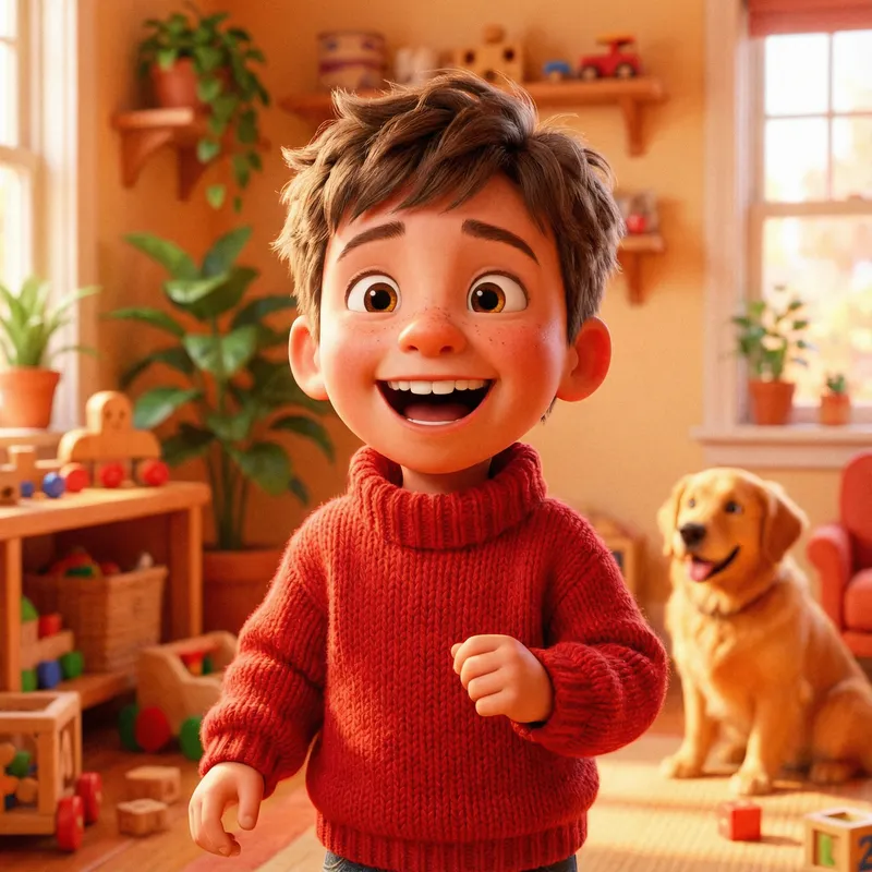 Cheerful Pixar-Style Boy in Red Sweater Animation