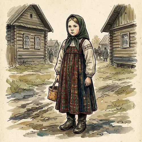 Traditional Russian Attire: Young Caucasian Girl in Ink & Watercolor