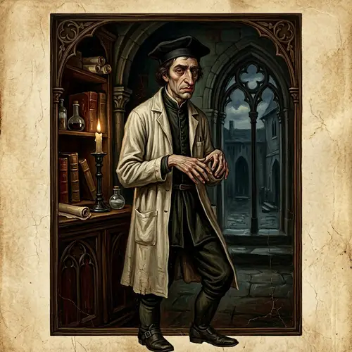 Nightmarish Gothic Art: Distorted Human Figure in Lab Coat