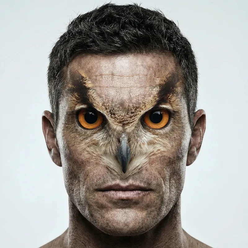 Owl and Human Face Merge with Prominent Cheekbones