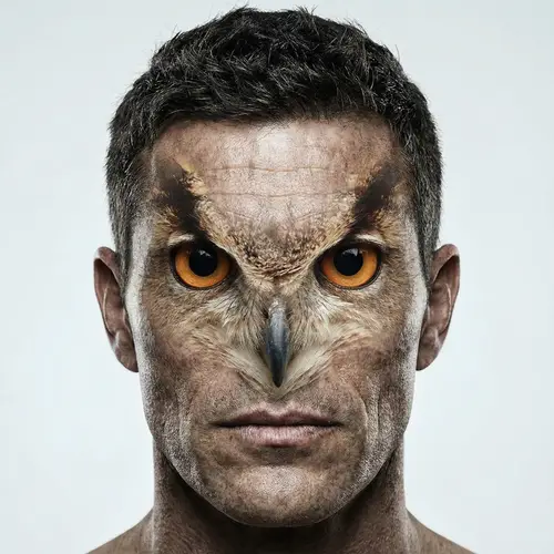 Owl and Human Face Merge with Prominent Cheekbones