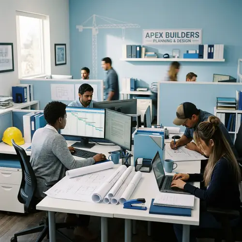 Construction Company Office with Diverse Employees Working on Computers and Desks