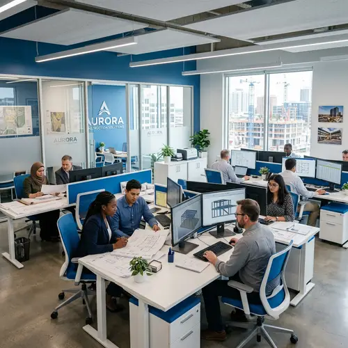 Modern Construction Company Office: Diverse Employees Working in Blue and White Tones