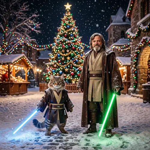 Feline Jedi Duel with Human - Festive Holiday Scene