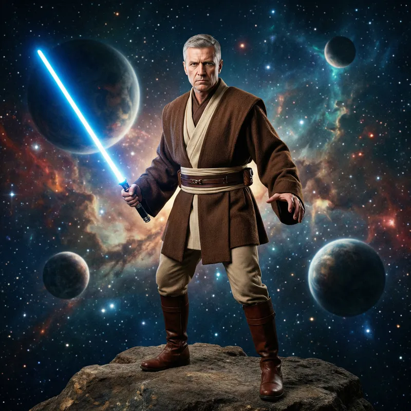 Putin as a Jedi Master with Blue Lightsaber