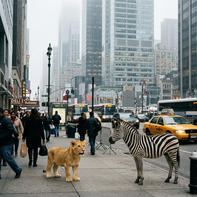 Small Lion Encounter with Zebra in Cityscape