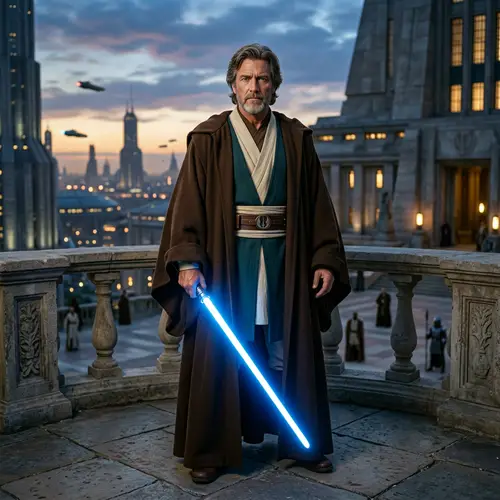 Commanding Jedi-like Figure with Blue Lightsaber