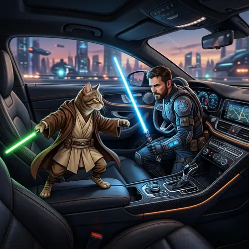 Jedi Cat vs Intergalactic Peacekeeper in Sports Car | Stylized Art