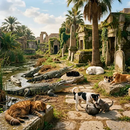 Tranquil Yet Thrilling Scene: Cats, Dogs, Alligators & Ancient Tombs