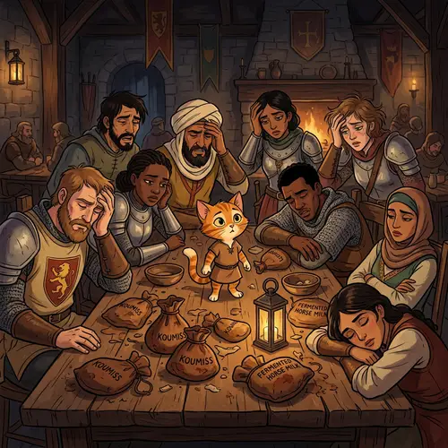 Animated Feline Character Surrounded by Diverse Knights