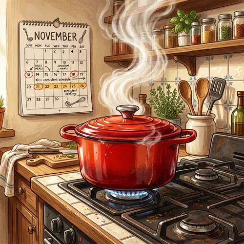 Red Cooking Pot on Rustic Stove | Kitchen Atmosphere Illustration