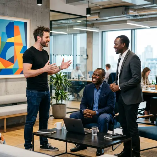 Tech Entrepreneur in Animated Discussion with African Men