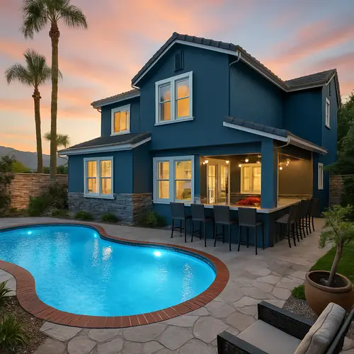 Blue Stone House with Lush Plants and Pool