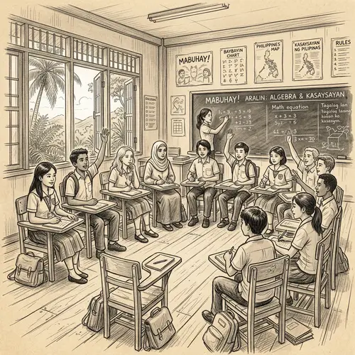 Diverse Group of Students in the Philippines Classroom Sketch