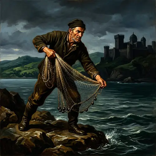 Dark Caravaggio-Style Oil Painting of Fisherman Casting Net with Moorish Castle