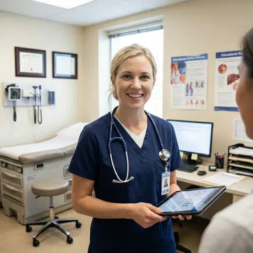Cheerful Blonde Nurse in Doctor's Office