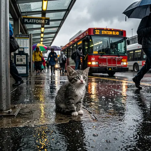 Adorable Kitten in Rainy Bus Station
