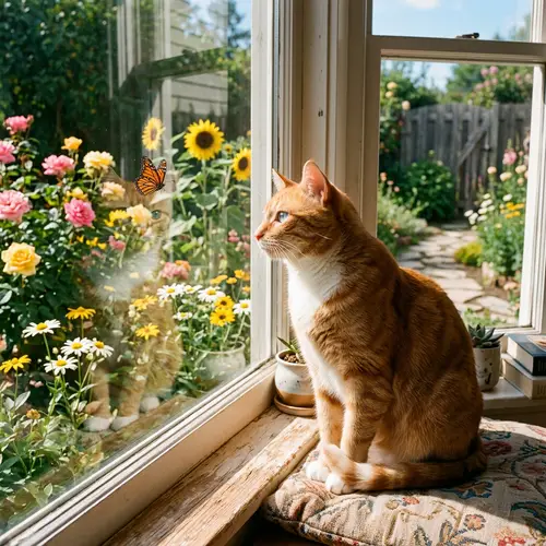 Silky Orange Cat Enjoying Sunny Garden View | Website Name