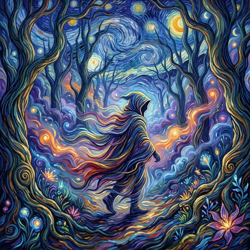 Mysterious Figure in Misty Forest: Enchanting Artistry