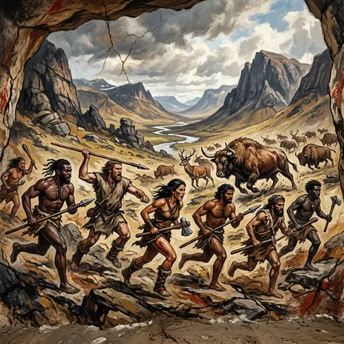 Dramatic Stone Age Hunt Scene with Diverse Cavepeople