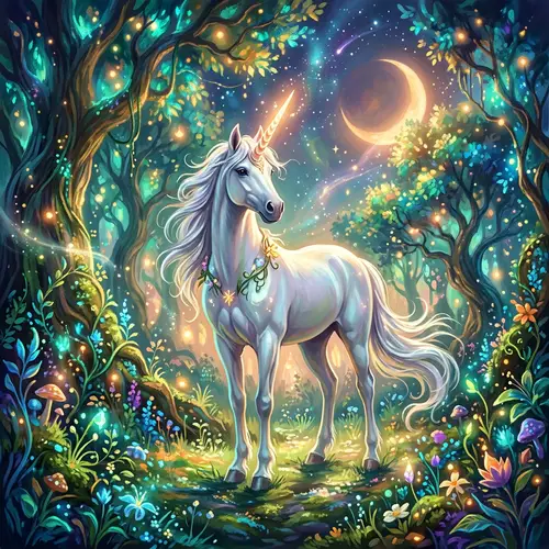Majestic Unicorn in a Mystical Forest Painting