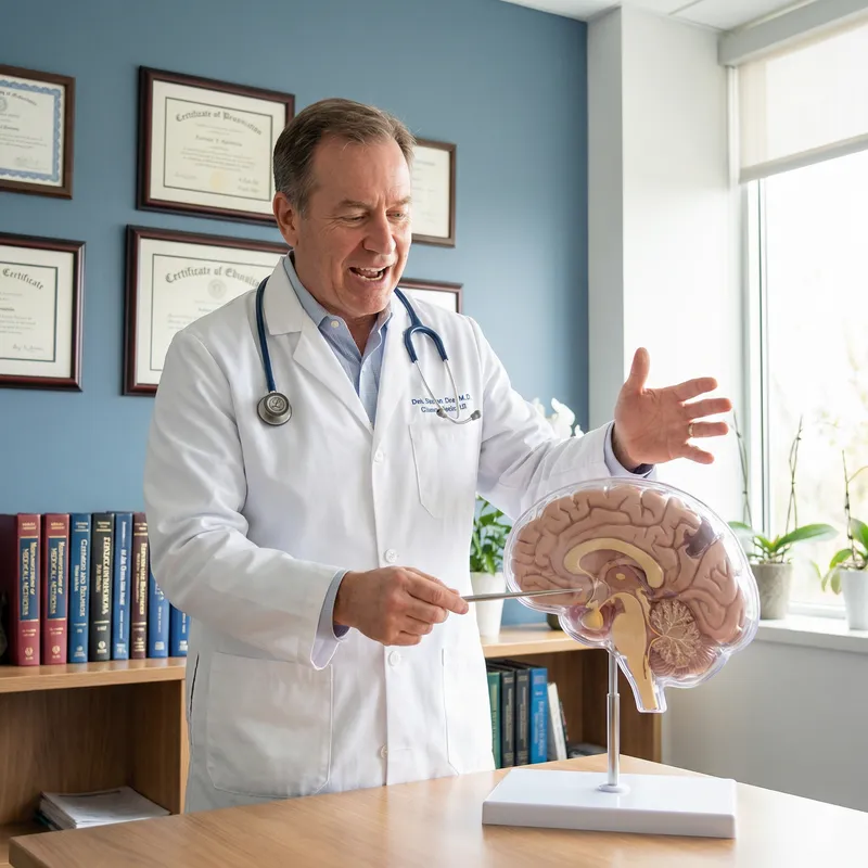 Passionate Endocrinologist Lecturing on Pituitary Gland Model