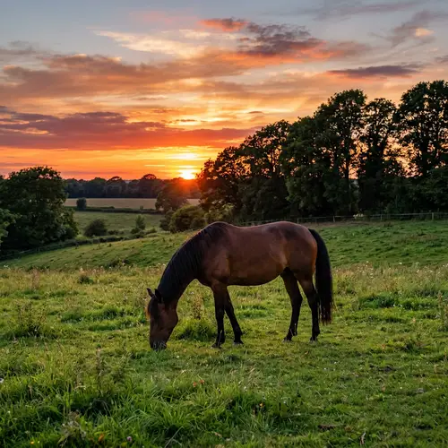 Brown Horse Grazing in Sunset Field | Peaceful Scene