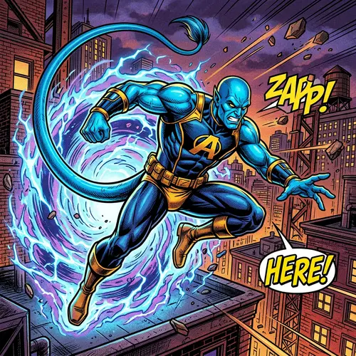 Dynamic Comic-Style Illustration of Blue Skinned Teleporting Figure
