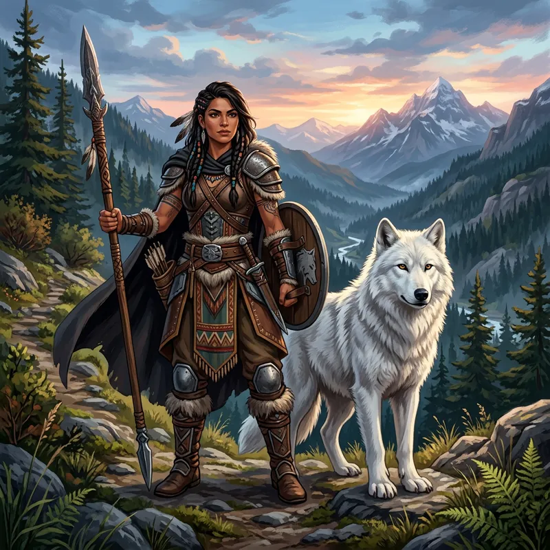 Warrior Woman with White Wolf in Forest Mountains | Art Digital Illustration