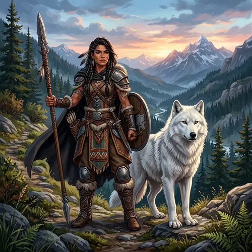 Hispanic Woman Warrior & White Wolf | Art Illustration