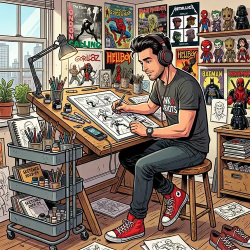 Comic Artist Immersed in Music | Art Room Decor