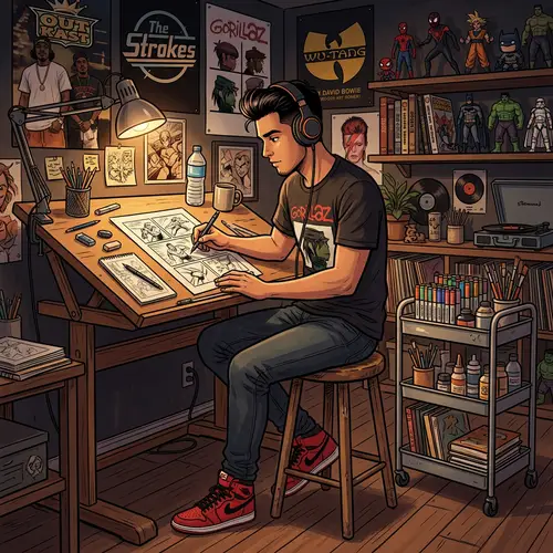 Hispanic Male Artist Drawing in Dimly Lit Room