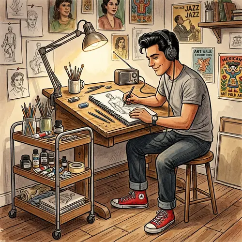 1950s Hispanic Male Artist Sketching with Music